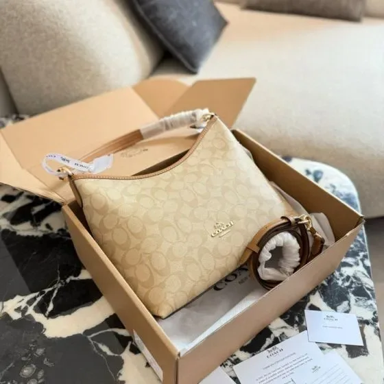 Coach Zip Top Shoulder Bag In Signature Canvas Beige Brown Shoulder Bag