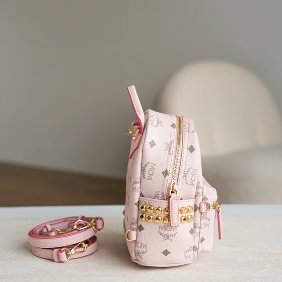 MCM Stark Side Studs Visetos Mini Backpack Light สีชมพู Backpack