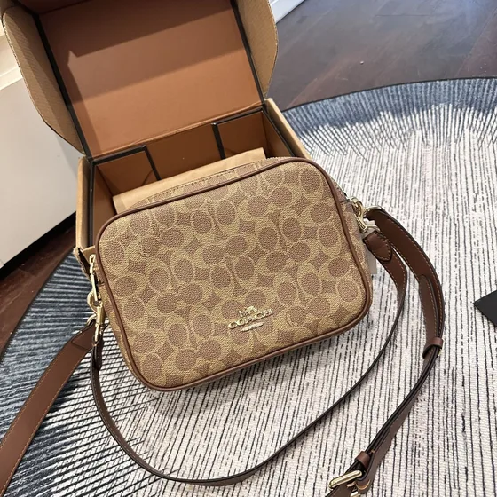 Coach Mini Jamie Camera Bag In Signature Canvas With Rainbow Print Rainbow Pastel Beige Crossbody