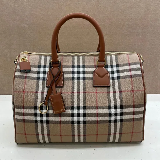 Burberry Check Medium Bowling Bag Beige Briar Brown Top Handle