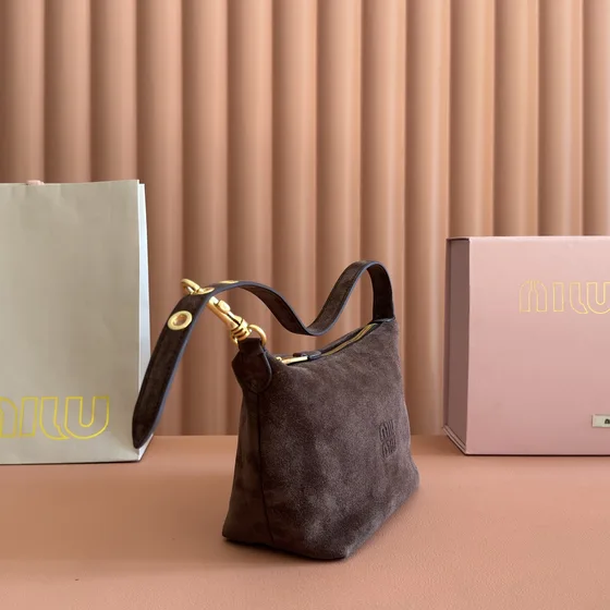 Miu Miu Suede Hobo Shoulder Bag Dark Brown Hobo