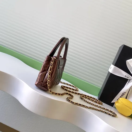 Chanel Mini Kelly Shopping Bag Metallic Brown Top Handle