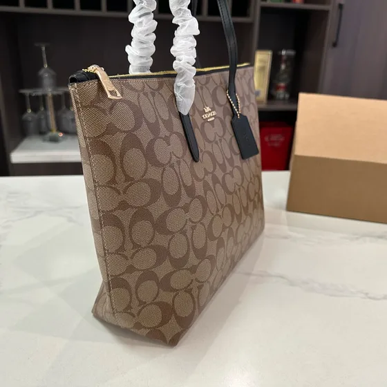 Coach Zip Top Tote In Signature Tuval Khaki/Siyah Tote çanta