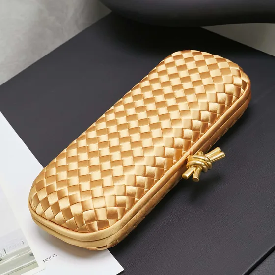 Bottega Veneta Intreccio Satin Knot Clutch Gold Clutch
