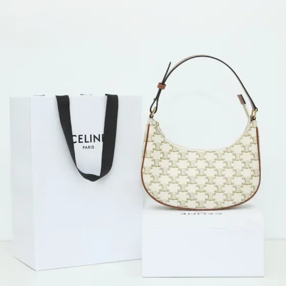 Celine Ava Bag White With Triomphe Monogram And Brown T Hobo