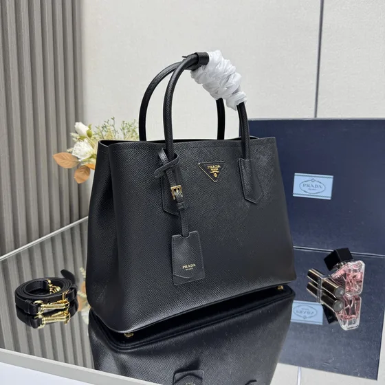 Prada Saffiano Cuir Double Bag Schwarz Henkel
