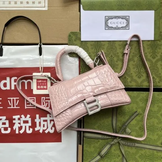 Balenciaga Hourglass Xs Crocodile Embossed Bag Pink Top Handle