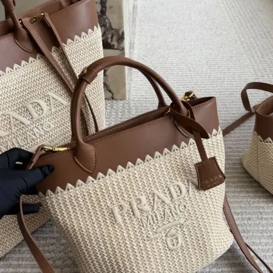 Prada Embroidered Crochet And Leather Top Handle Bag 1Bg538 Beige And Brown Top Handle