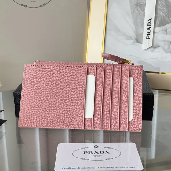 Prada Saffiano جلد Card Holder With Zipper Pocket وردي Card Holder