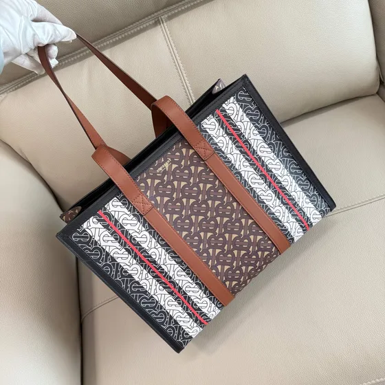 Burberry Monogram Stripe E-Tela Tote Marrone/Nero/Bianco/Rosso/Marrone Pelle Borsa tote