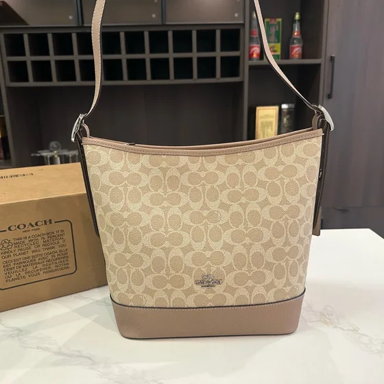 Coach Signature Coated Canvas Bucket Crossbody Bag Khaki Brown Crossbody