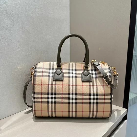 Burberry Check Medium Bowling Bag Beige / Gris Asa superior