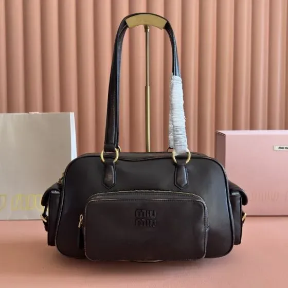 Miu Miu Leather Pocket Top Handle Bag Black Shoulder Bag