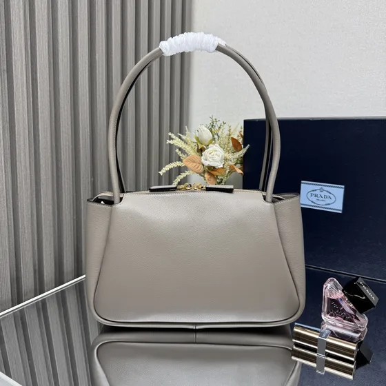 Prada Medium Leather Top-Handle Bag Grey Top Handle