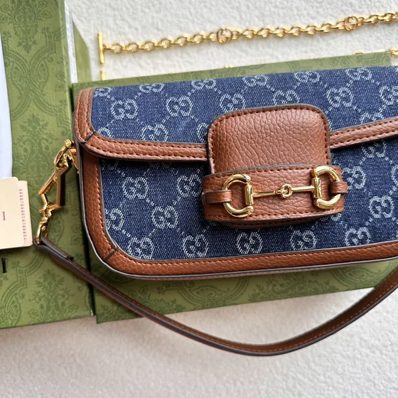 Gucci Gucci Horsebit 1955 Gg Denim Mini Shoulder Bag Dark สีฟ้า Shoulder Bag