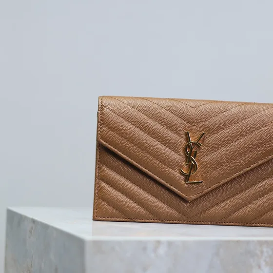 YSL Cassandre Matelassé Envelope Wallet On Chain Tan/Emas Woc