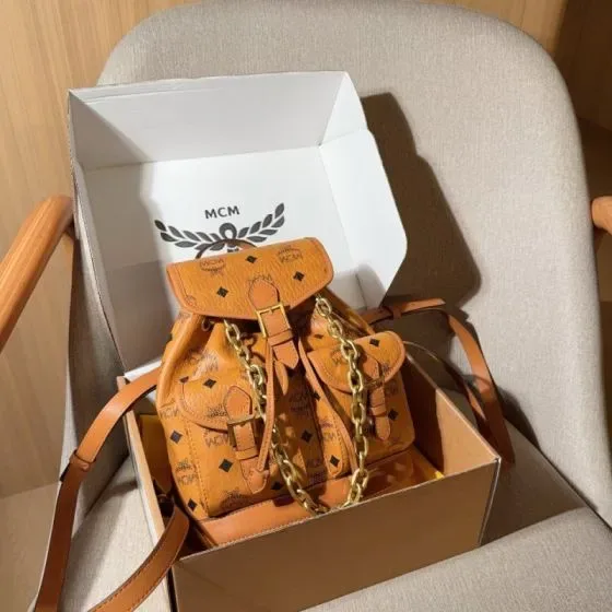 MCM Visetos Chain Backpack Cognac Brown Backpack