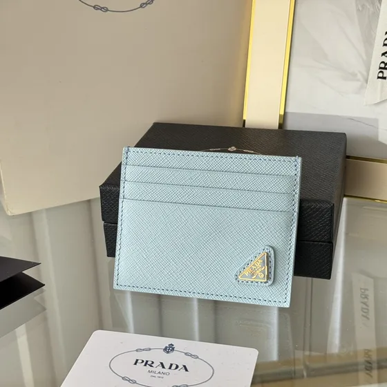Prada Saffiano Leather Card Holder Light Blue Card Holder