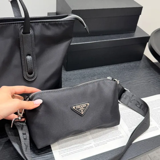 Prada Re-Nylon Tote Bag With Pouch Black Tote Bag