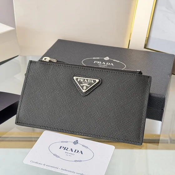 Prada Saffiano Leather Zip Card Holder Black Card Holder