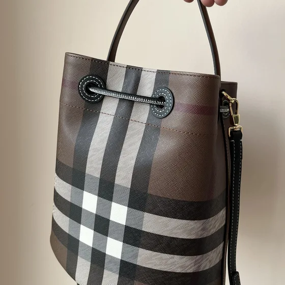 Burberry Check Drawstring Bucket Bag Brown Crossbody