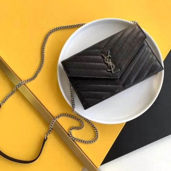YSL Cassandre Matelass Envelope Chain Wallet Black Woc