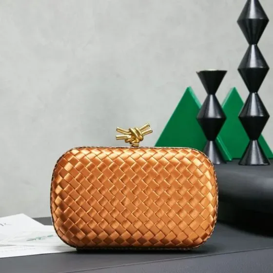 Bottega Veneta Intreccio Satin Knot Clutch Copper Gold Clutch