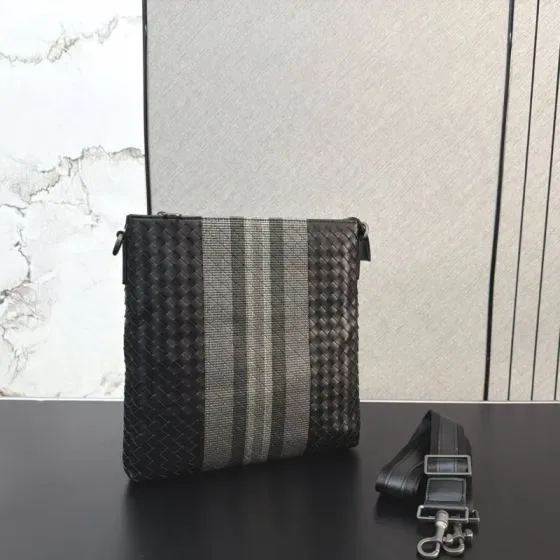 Bottega Veneta Intrecciato Striped Crossbody Messenger Bag Black Grey Crossbody