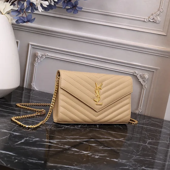 YSL Cassandre Envelope Chain Wallet Beige Woc