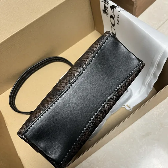 Coach Signature Canvas Zip Shoulder Bag Dark Brown Black Shoulder Bag