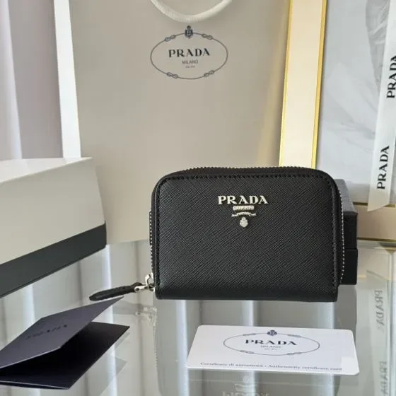 Prada Saffiano Zip Card Holder Black Card Holder