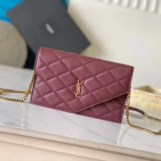YSL Cassandre Matelass Envelope Chain Wallet Burgundy Woc