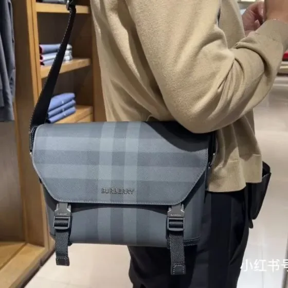 Burberry Check Messenger Bag Charcoal Gray Crossbody