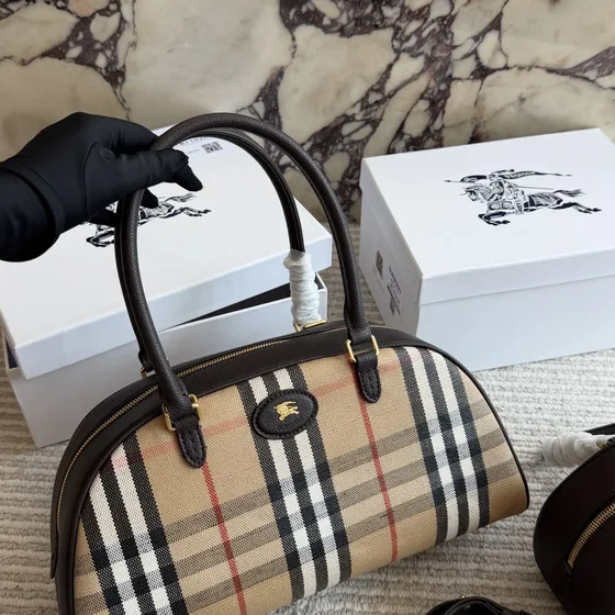 Burberry Check Crossbody Bowling Bag Beige/Marron Anse supérieure