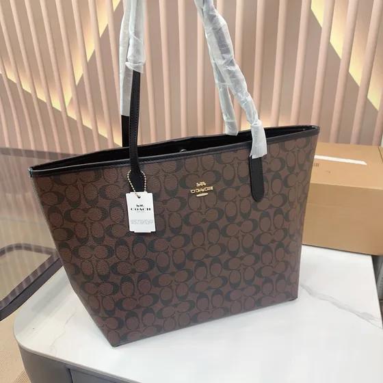 Coach City Tote In Signature Lerret Beige/Hvit Shopperveske