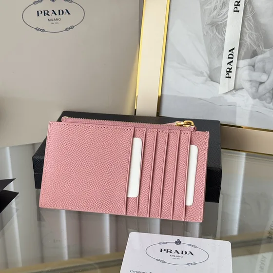 Prada Saffiano Leder Card Holder With Zipper Roze Card Holder
