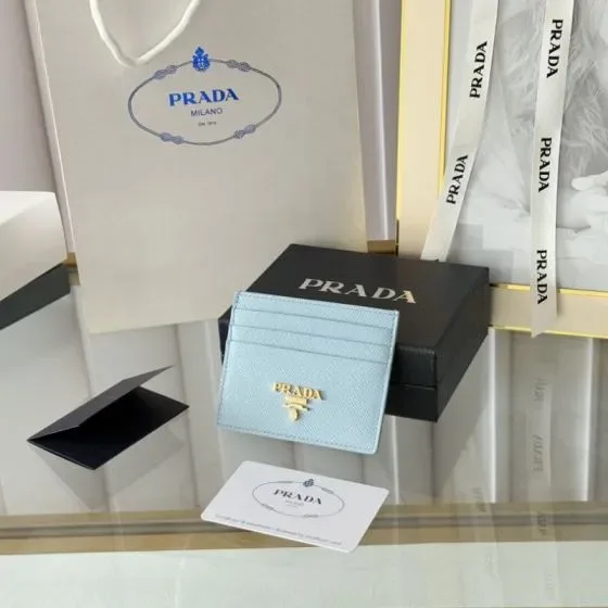 Prada Saffiano Leather Card Holder Light Blue Card Holder