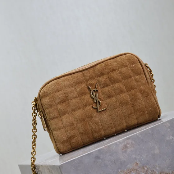 YSL Cassandre Matelass Carr Suede Mini Camera Bag Camel Brown Crossbody