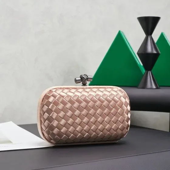 Bottega Veneta Intreccio Satin Knot Clutch Champagne Pink Clutch