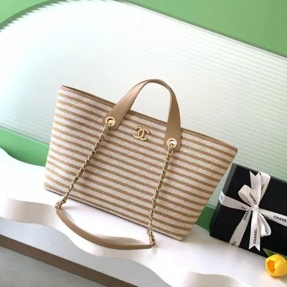 Chanel Deauville Tote Beige White Striped Tote Bag