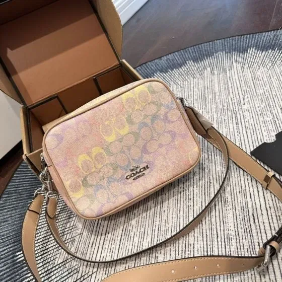Coach Mini Jamie Camera Bag In Signature Canvas With Rainbow Print Rainbow Pastel Beige Crossbody