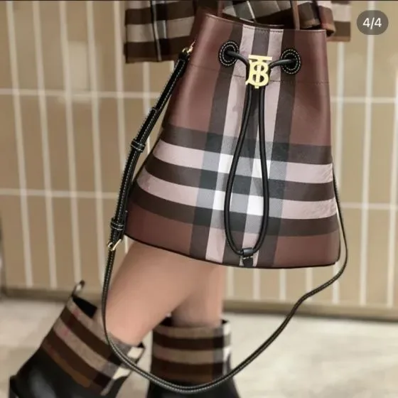 Burberry Check Drawstring Bucket Bag Brown Birch Brown Check Crossbody
