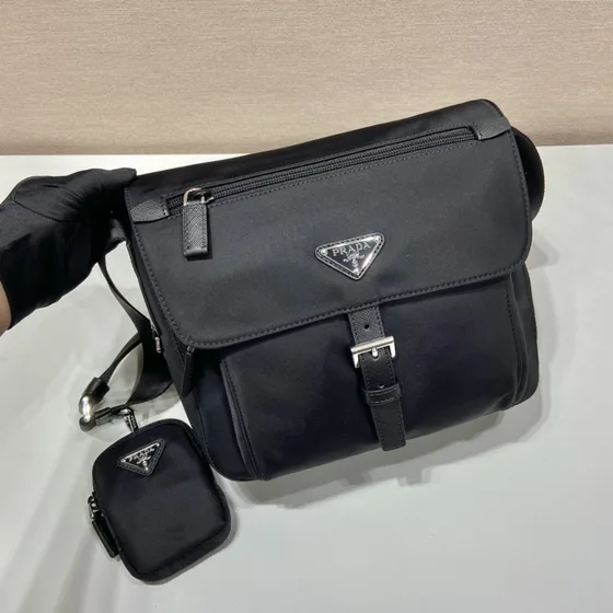 Prada Re-Nylon Messenger Bag With Detachable Pouch Black Crossbody