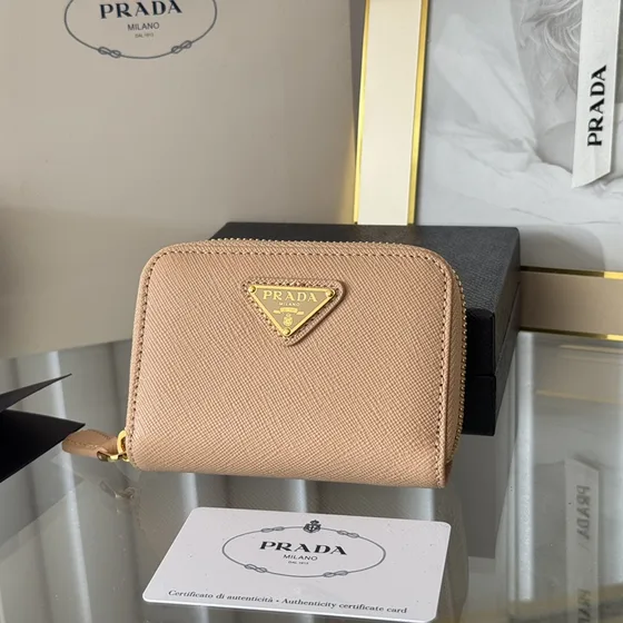 Prada Saffiano Metal Zip Around Coin Purse Beige Coin Purse