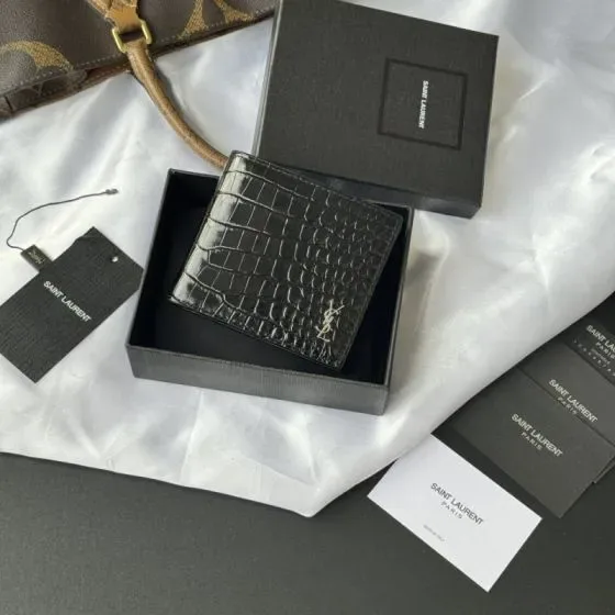 YSL Tiny Cassandre East West Wallet In Crocodile Embossed Leathe Black Wallet