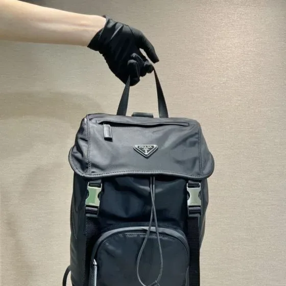 Prada Nylon Drawstring Backpack With Flap Black Backpack