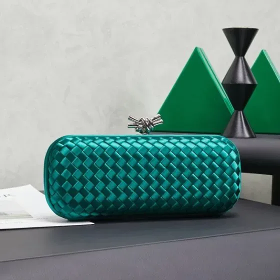 Bottega Veneta Intreccio Satin Knot Clutch Emerald Green Clutch