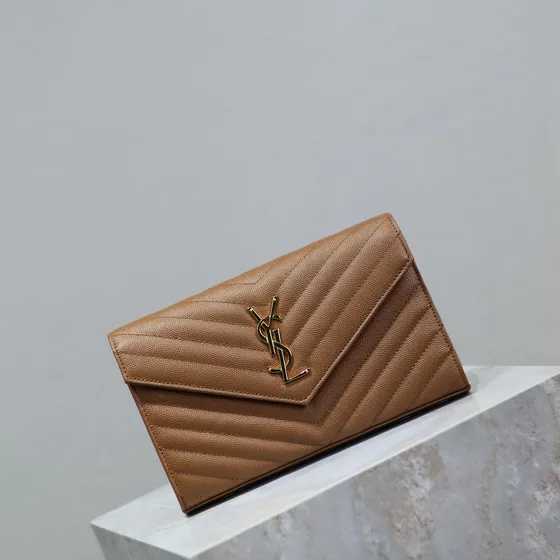 YSL Cassandre Matelass Envelope Chain Wallet Brown Woc