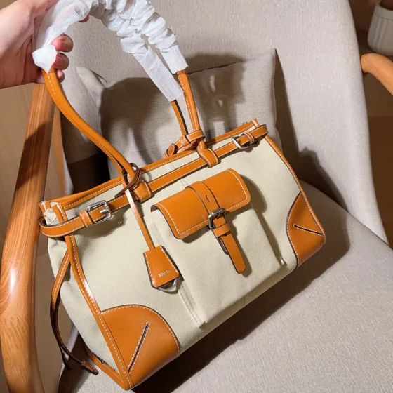 Prada Canvas Leather Tote Beige And Orange Tote Bag