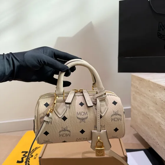 MCM Essential Boston Bag Beige Black Cognac Pink Top Handle